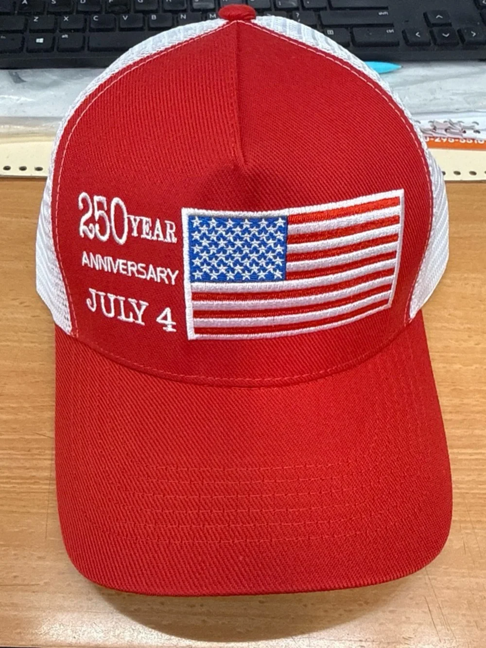 Red July 4th Anniversary Trucker Hat with American Flag